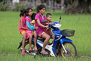 Young girl riding a motorcycle in the rice fields of Don Det, Laos, with four other children passengers.