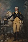 Washington stands in front of a white horse whose reins are held by a soldier. Washington holds a spyglass in his right hand, and his left hand rests on his sword. His uniform is a blue coat over gold waistcoast and pants. In the dark background there are more men in uniform, one of whom is carrying an American flag.