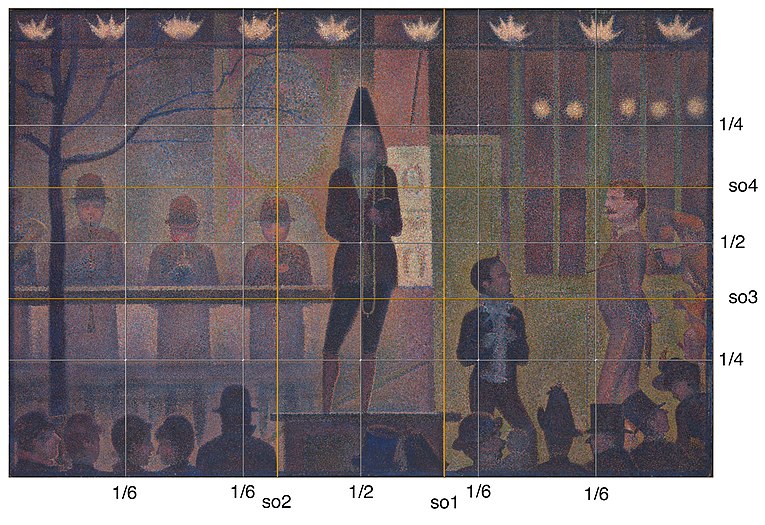 Georges Seurat, 1887–88, Circus Sideshow (Parade de Cirque), oil on canvas, 99.7 × 140.9 cm, Metropolitan Museum of Art. Golden mean overlay (section d'or, so1 - so4) and 4 : 6 ratio grid