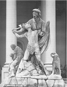 The Rescue sculpture stood outside the U.S. Capitol building between 1853 and 1958. Its sculptor Horatio Greenough wrote that it was "to convey the idea of the triumph of the whites over the savage tribes". GreenoughRescue.jpg