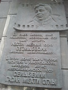 Plaque on building where Azerbaijani film director and writer Hasan Seyidbeyli lived in Baku
