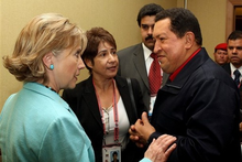 Chavez meets with Secretary of State Clinton at the Summit of the Americas on 19 April 2009. Hillary Clinton and Hugo Chavez.png