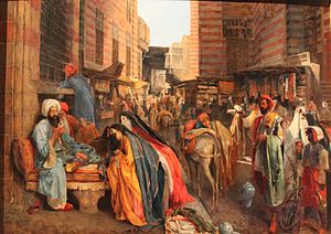 لوحة من أعمال جون فردريك لويس عن شارع الغوريَّة سنة 1875م، أشهر الأسواق العريقة في القاهرة الإسلاميَّة والذي بناه السلطان قنصوه الغوري