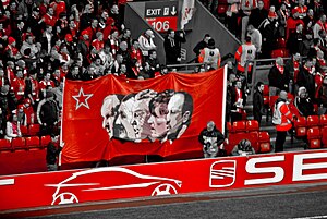Banner of Liverpool's supporters with Bill Sha...