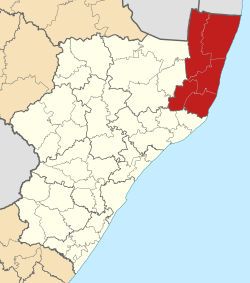 Kaart van Suid-Afrika wat Umkhanyakude in KwaZulu-Natal aandui