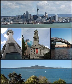 De cima p/baixo e da esquerda p/direita: Centro financeiro de Auckland, a Sky Tower, a Prefeitura de Auckland, a Ponte do Porto e a Ilha Rangitoto.