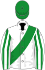 White, green sash, striped sleeves, green cap