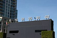 Retired numbers were displayed atop the batter's eye at Petco Park until 2016 Padres retired numbers.JPG