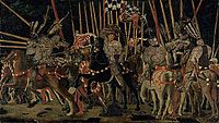 Painting of a battle scene with horsemen and lancers