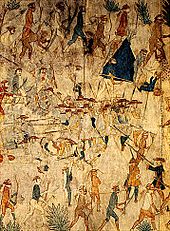Painting of a group of Native Americans surrounding and fighting with explorers