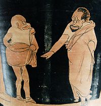 A depiction of actors playing the roles of a master (right) and his slave (left) in a Greek phlyax play, c. 350/340 BCE Phlyax scene Louvre CA7249.jpg