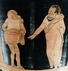 A master (right) and his slave (left) in a phlyax play, Silician red-figured calyx-krater, c. 350 BC-340 BC. Louvre Museum, Paris. Phlyax scene Louvre CA7249.jpg