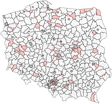 Mapa powiatów według rządowego projektu z sierpnia 1993 roku.