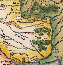 Detail of Sebastian Munster's Map of Poland and Hungary, 1552, showing Kyiv labelled "Kyouia epatus" (Latin: Kyovia episcopatus, lit. 'Kyiv episcopate'
) Polonia Et Ungaria XX Nova Tabula, detail of Kyiv episcopate ("Kyouia epatus").jpg