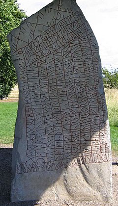 The Rok runestone in Ostergotland, Sweden, is the longest surviving source of early Old East Norse. It is inscribed on both sides. Rokstenen.jpg