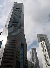 Three of the tallest buildings in Singapore, located at Raffles Place, from left to right, Republic Plaza, UOB Plaza One and One Raffles Place. All three are 280 metres in height. Raffles Place Skyscrapers 4, Jan 06.JPG