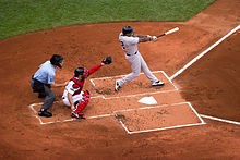 A New York Yankees batter (Andruw Jones) and a Boston Red Sox catcher at Fenway Park Red Sox Yankees Game Boston July 2012.jpg