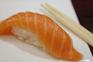 Salmon Nigiri Sushi with chopsticks, 2008.