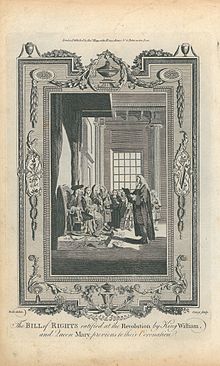 An 18th-century engraving, based on a drawing by Samuel Wale, of the Bill of Rights being presented to William III and Mary II Samuel Wale, The Bill of Rights Ratified at the Revolution by King William, and Queen Mary, Previous to their Coronation (1783).jpg