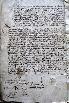 Bond dated 1623, written in secretary hand, in a combination of Latin and English, and in technical legal terminology. Secretary hand bond 1623.jpg