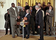 The Lakers at the White House following their 2001 NBA championship Shaq at the white house.jpg