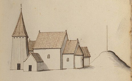 Den medeltida kyrkan på teckning omkring 1670. [4]