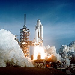 The Space Shuttle Columbia takes off on a manned mission to space.