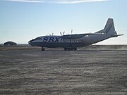 AN12 UK-12005 taxing to the fuel pumps in Cambridge Bay. The aircraft, operated by Avialeasing for SRX, had brought in material to refloat the MV Clipper Adventurer