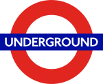 London Undergound roundel, a logo made of red circle with horizontal blue bar.