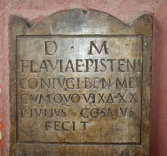 Roman gravestone made by Publius Iulius Cosmus for his wife Flavia