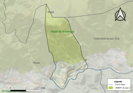 Carte de la ZNIEFF de type 2 sur la commune.