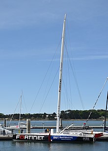 Bateau noir et bleu vu de profil, en entier, mât compris.