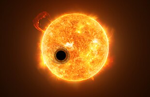 Künstlerische Darstellung des Exoplaneten WASP-107b mit seinem Stern WASP-107 im Hintergrund.[1]