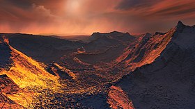 Vue d'artiste de la surface de cette super-Terre éclairée par l'étoile de Barnard.