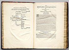 La généalogie des Atlantes (à gauche) et la page de titre du De mundi creatione (à droite).