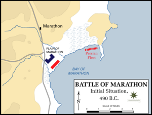 The%20initial%20positions%20of%20the%20troops%20before%20the%20clash.%20The%20Greeks%20%28blue%29%20have%20pulled%20up%20their%20wings%20to%20bolster%20the%20corners%20of%20their%20significantly%20smaller%20centre%20in%20a%20%5d%5d%20shape.%20The%20Persian%20fleet%20%28red%29%20waits%20some%20way%20off%20to%20the%20east.%20This%20great%20distance%20to%20the%20ships%20played%20a%20crucial%20role%20in%20the%20later%20stages%20of%20the%20battle.