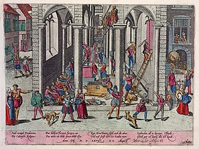 Engraving of the sack of the Church of Our Lady in Antwerp (1566) by Frans Hogenberg Beeldenstorm (Iconoclastic Fury) in Antwerpen 1566 Frans Hogenberg.jpg
