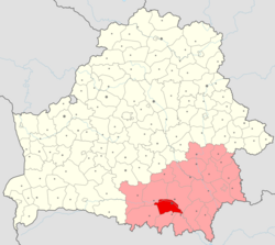 Mozyrský rajón (červeně) na mapě Homelské oblasti