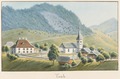 Pfarrhaus und Kirche Trub; Aquatinta von Jakob Samuel Weibel (1827)