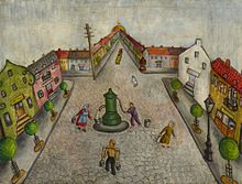 Naive painting depicting a cobbled square lined with colourful houses and animated by small characters