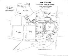 Dessin en noir et blanc représentant le plan d'une abbaye.