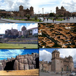 Në krye: Plaza de Armas, Në mes - majtas: Qurikancha, Në mes - djathtas: Pamje ajrore e Cusco-s, Poshtë - majtas: Saksaywaman, Poshtë - djathtas: Katedralja e Cusco-s