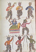 Danza di San Miguel di Códice Martínez Compañón (1782-1785). Si può vedere il diavolo nell'angolo in alto a destra che suona una cajita.