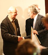 Receiving the Deschner Prize in Frankfurt, 12 October 2007, from Karlheinz Deschner Deschner Dawkins.jpg