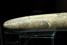 Possibly the oldest surviving map has been engraved on this mammoth tusk, dated to 25,000 BC, found from Pavlov in the Czech Republic. Engraving on a mammoth tusk, map, Gravettian, 076872x.jpg