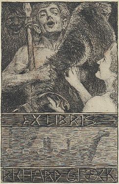 Exlibris für Richard Gloeck von Bruno Héroux: Wikingerpaar mit erbeutetem Bärenfell