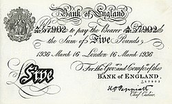 An Operation Bernhard forgery of the Series A Bank of England PS5 note Forgednote.jpg