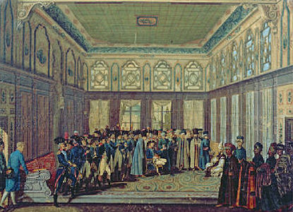 Jean-Baptiste Annibal Aubert du Bayet et les officiers français recevant le Grand Vizir en 1796, 1797, huile sur toile, localisation inconnue.