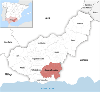 Die Lage der Comarca Alpujarra Granadina in der Provinz Granada