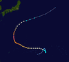 Typhoon Isa 1997 track. Uses the color scheme from the Saffir-Simpson Hurricane Scale.